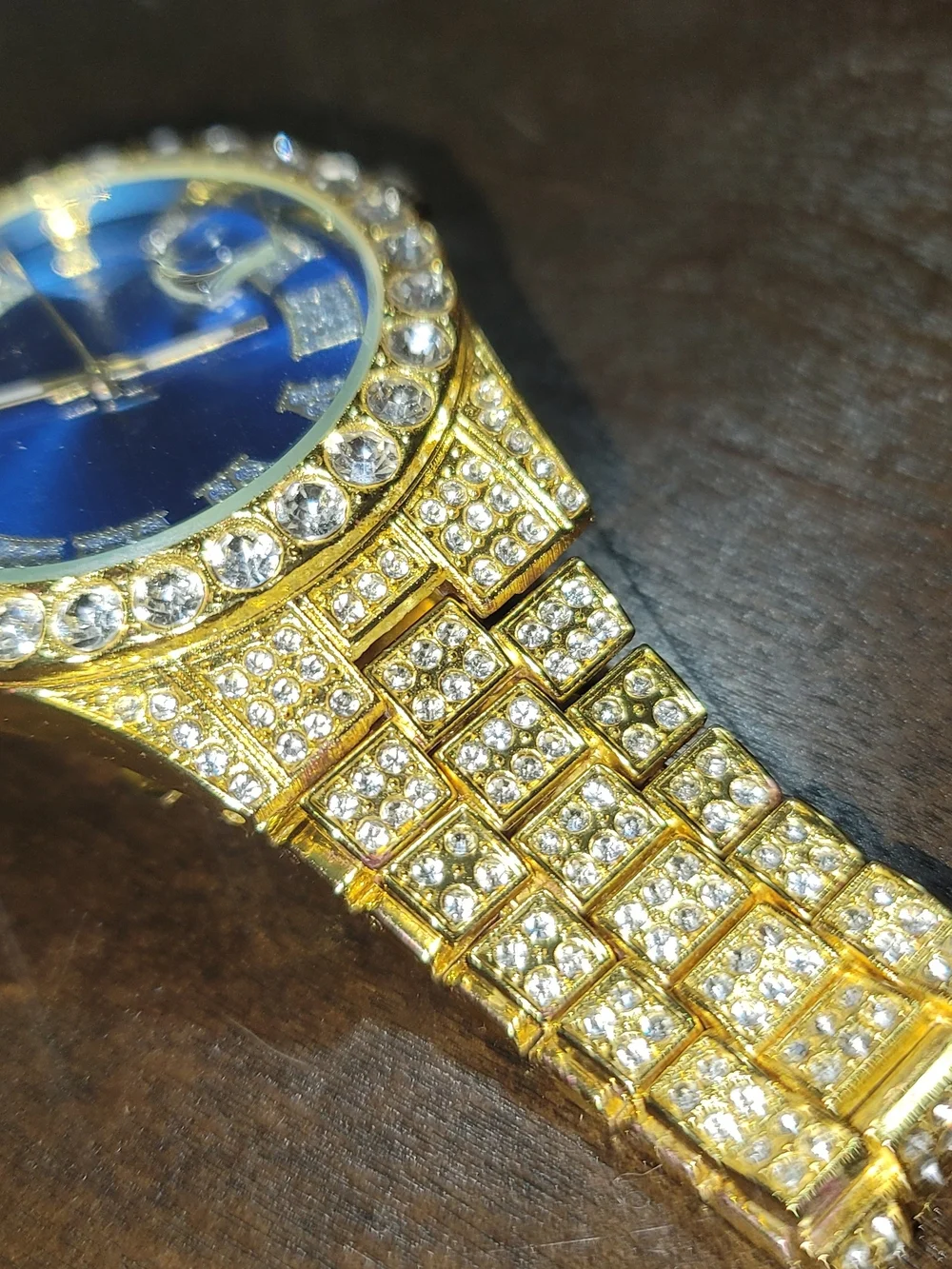 Gold-Tone Men's Dress Watch with Blue Dial and Crystal Accents